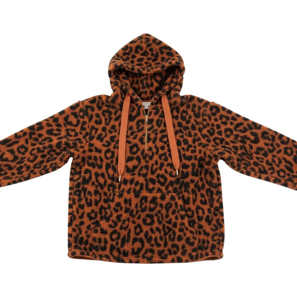Loft Womens XL Leopard Print Sherpa Hoodie Orange Black Quarter Zip Pullover